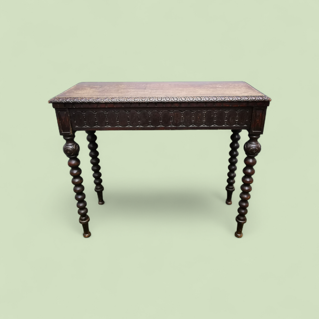19th Century Jacobean Revival Oak Standing Writing or Console Table with Bobbin-Turned Legs and Hidden Drawer, c. 1870