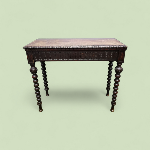 19th Century Jacobean Revival Oak Standing Writing or Console Table with Bobbin-Turned Legs and Hidden Drawer, c. 1870