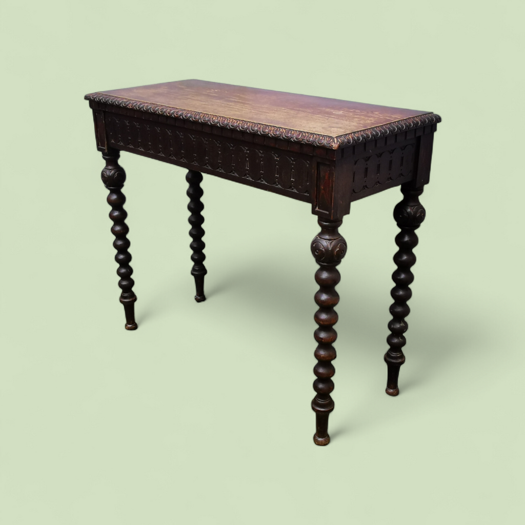 19th Century Jacobean Revival Oak Standing Writing or Console Table with Bobbin-Turned Legs and Hidden Drawer, c. 1870