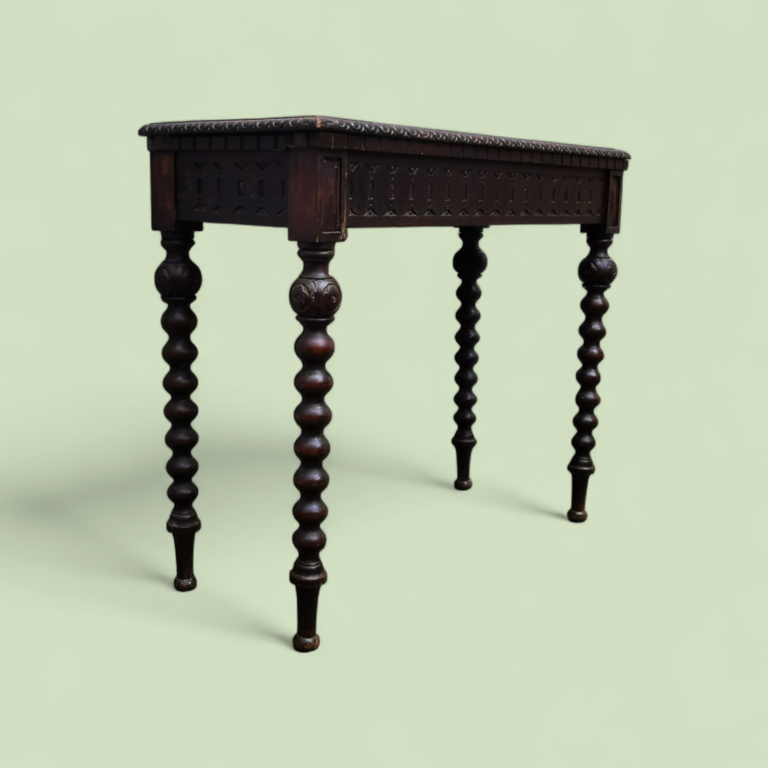 19th Century Jacobean Revival Oak Standing Writing or Console Table with Bobbin-Turned Legs and Hidden Drawer, c. 1870