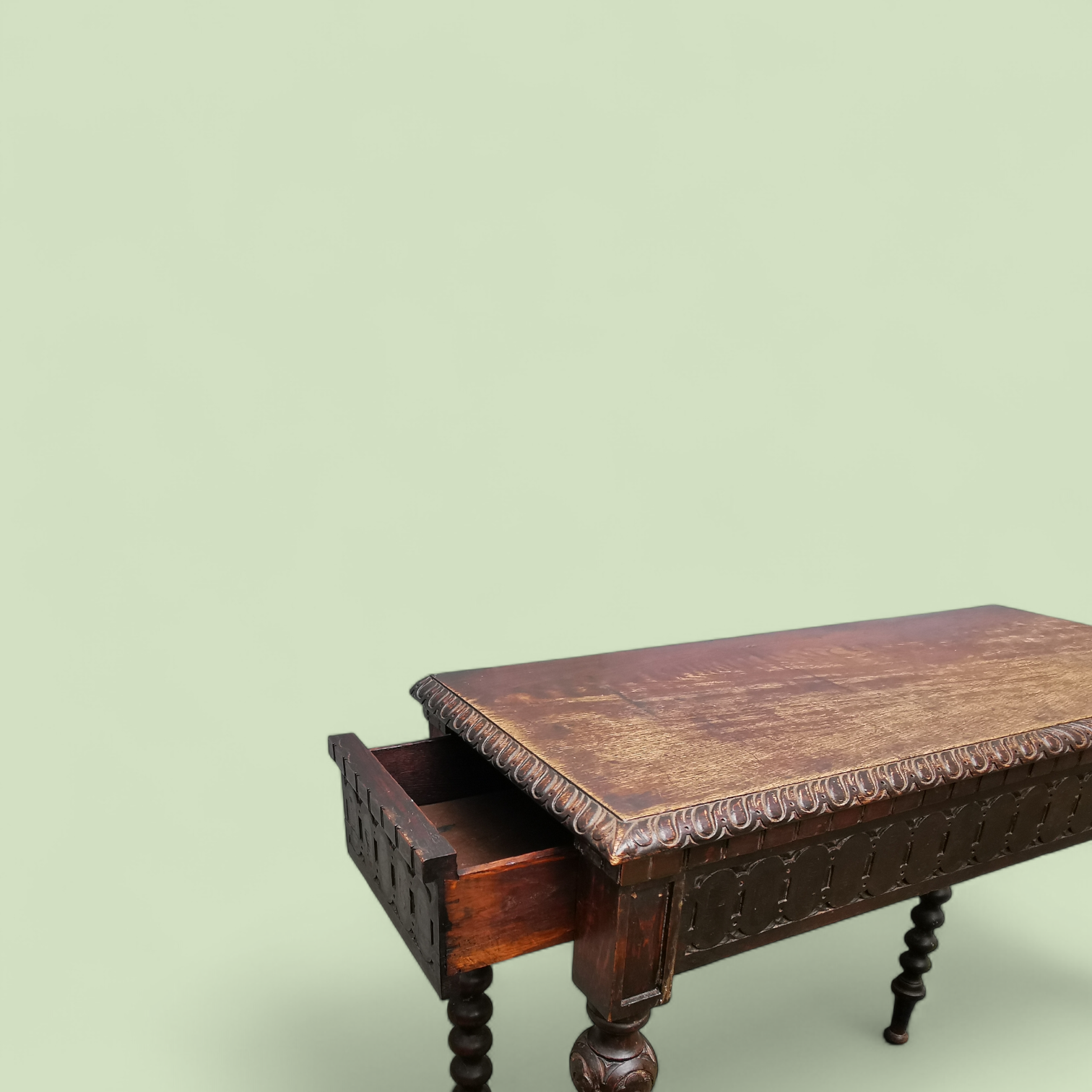 19th Century Jacobean Revival Oak Standing Writing or Console Table with Bobbin-Turned Legs and Hidden Drawer, c. 1870