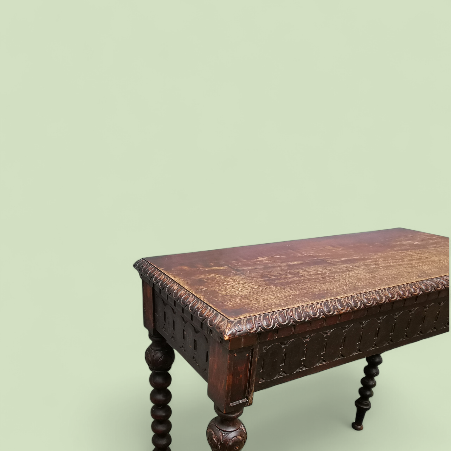 19th Century Jacobean Revival Oak Standing Writing or Console Table with Bobbin-Turned Legs and Hidden Drawer, c. 1870