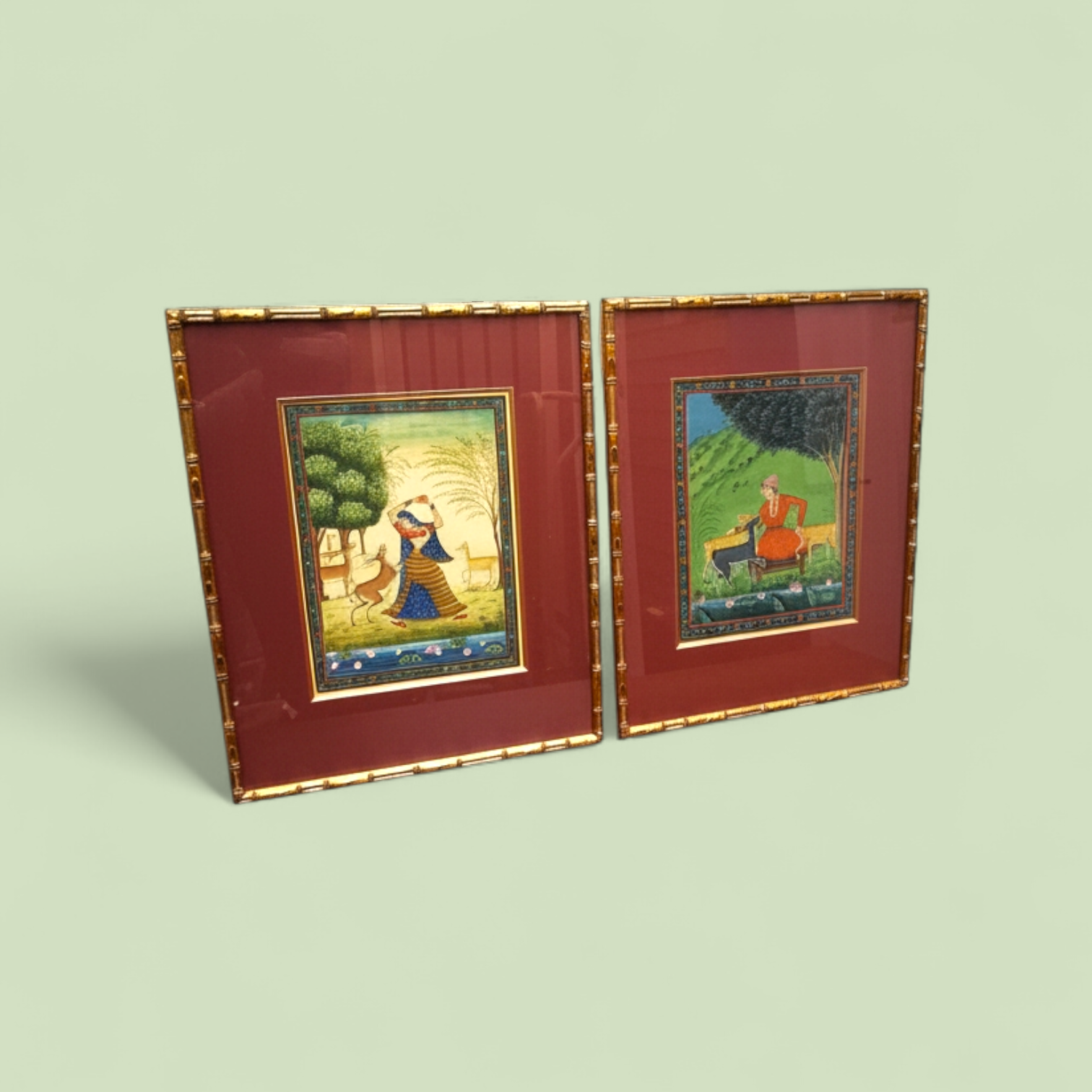 Pair of Late 19th Century Indian Miniature Paintings on Silk, Courtly Pastoral Scenes with Deer, in Later Gilt Frames