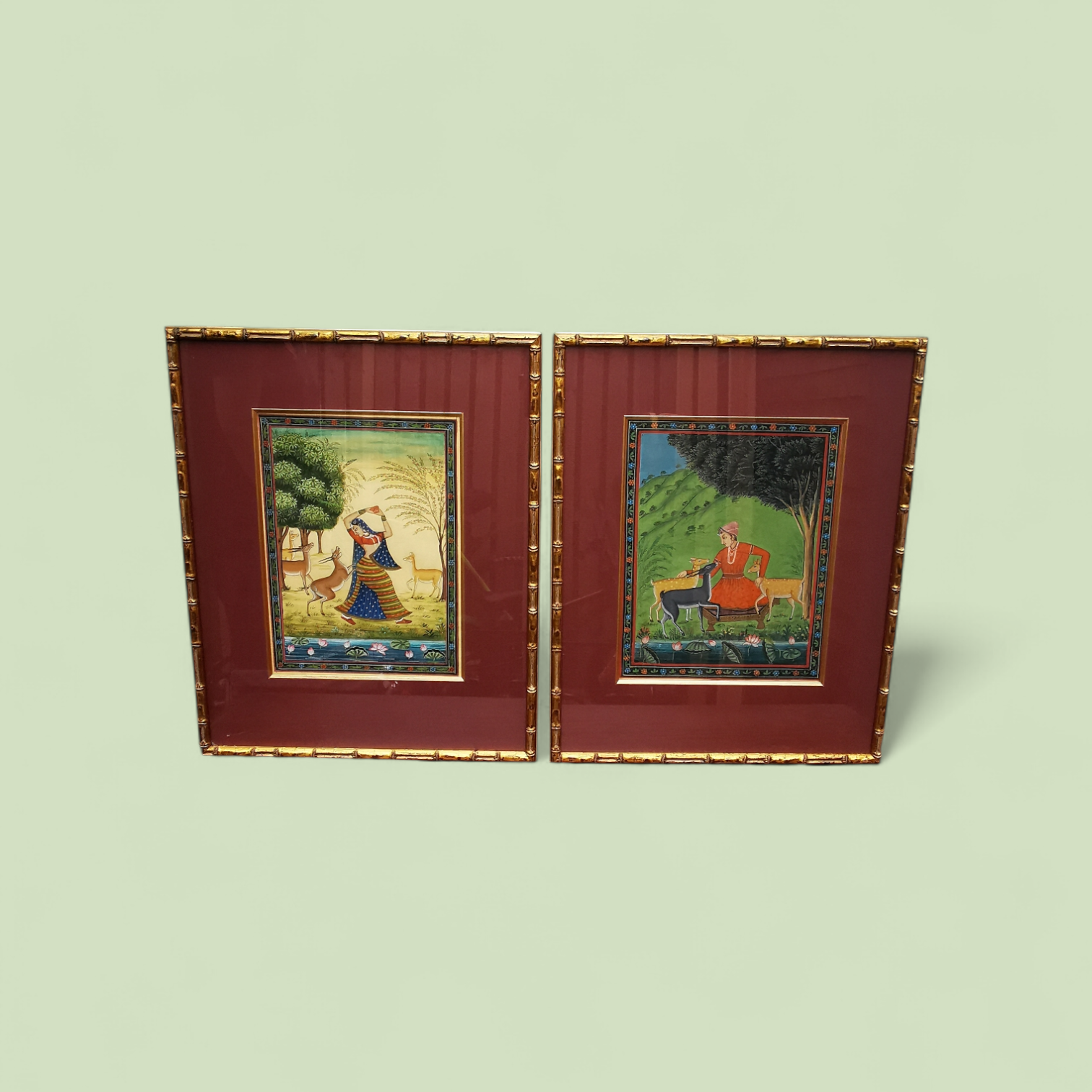Pair of Late 19th Century Indian Miniature Paintings on Silk, Courtly Pastoral Scenes with Deer, in Later Gilt Frames