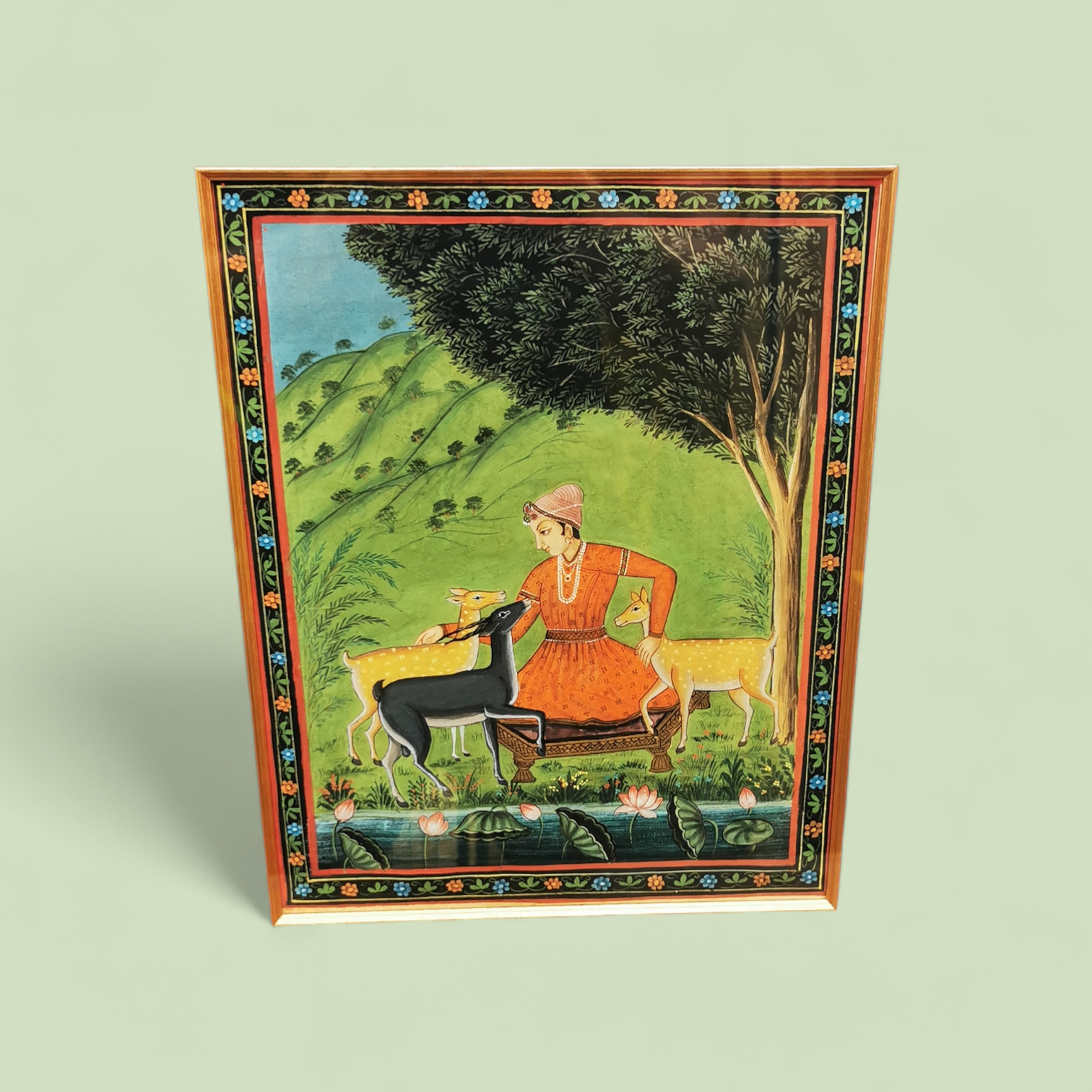 Pair of Late 19th Century Indian Miniature Paintings on Silk, Courtly Pastoral Scenes with Deer, in Later Gilt Frames