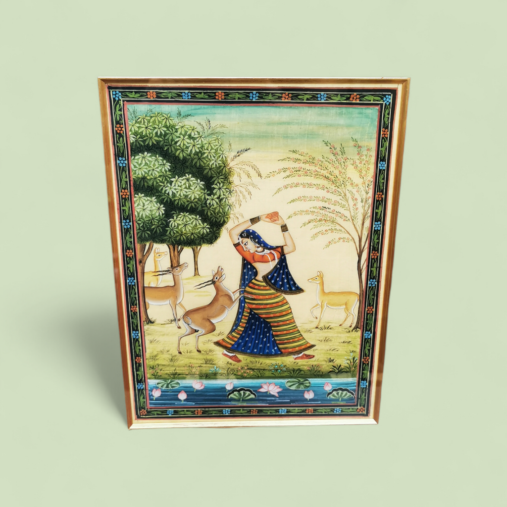 Pair of Late 19th Century Indian Miniature Paintings on Silk, Courtly Pastoral Scenes with Deer, in Later Gilt Frames