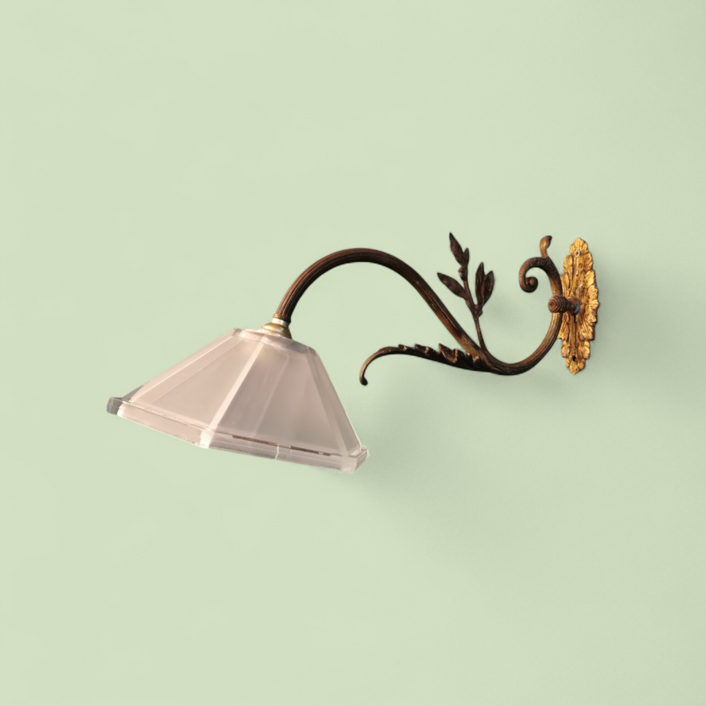 Pair of Early 20th Century Gilt Metal Wall Lights with Curved Foliate Arms and Frosted Glass Shades, circa 1920